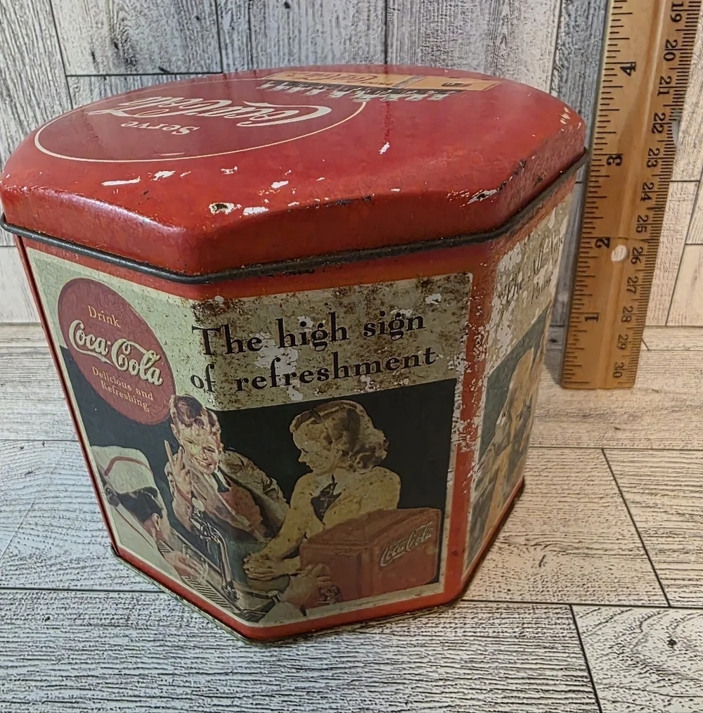 Coca-Cola Hexagonal Tin with Red and Cream Design